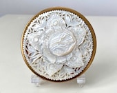 Vintage Unused Carved Mother of Pearl Powder Compact circa 1950