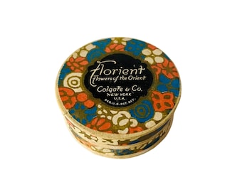 Seltene Art Deco Florient (Blumen des Orient) Gesichtspuder Box von Colgate Sample Size
