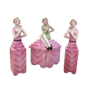 Frascos de perfume y polvera estilo Art Déco para damas flapper – Juego de tocador de porcelana alemana