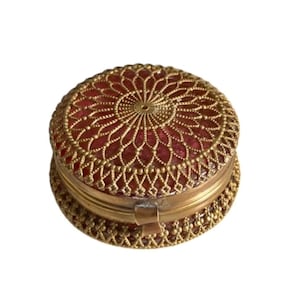 Antique Cranberry Glass & Gilt Ormolu Filigree Mounted Trinket Pot / Dressing Table Box circa 1880