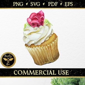 Watercolor Cupcake Clipart, Cupcake SVG, Hand drawn Bakery Illustration, Valentine Cake png