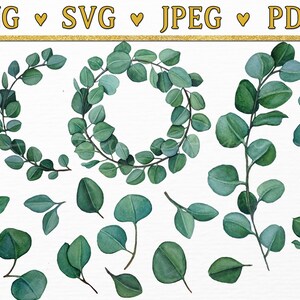 Couronne d'eucalyptus et feuilles Clipart pour les mariages - parfait pour les sacs de bienvenue, les cartes de sièges ou les invitations, comprend des fichiers SVG png pdf jpg