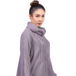 PLUS SIZE Double gauze cotton Top,, Turtleneck Top Crinkle Cotton Blouse, Turtleneck pin tuck detail Long Sleeves Blouse.