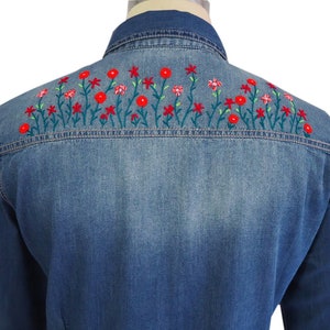 women denim shirt hand Embroidery, Button Down Denim Shirt, women&#39;s Top hand Embroidered long sleeve denim, Blue Jeans Blouse