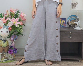 High Waisted Side Button Wide Leg Pants, Cotton Double Gauze Pants with coconut shell buttons, Crinkle Cotton Pants, Wide leg Summer Pants