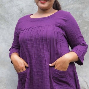 Double Crinkle 100% Cotton Gauze Scoop Neck Tunic with Pin tuck detail, pockets, 3/4 sleeves, Pre-washed, relaxed fit, Ladies Crinkle Blouse