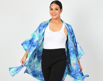 Kimono Cardigan Loose Cover Up, Rayon cardigan Long Sleeves ,Beach cover up  Tie dye print .