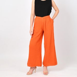 High Waist Palazzo Pants, Double Gauze Wide Leg Pants, Crinkle Cotton Wide leg Pants with fringe, Boho pants, Relaxed pants, Yoga pants