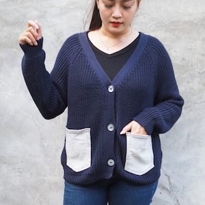 Knit Cardigan with Upcycled Denim Pockets and Pearl Shell Buttons,100% Fine Lightweight Cotton Cardigan with Upcycled Denim, GIFT FOR HER
