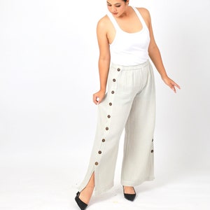 High Waisted Side Button Wide Leg Pants, Cotton Double Gauze Pants with coconut shell buttons, Crinkle Cotton Pants, Wide leg Summer Pants