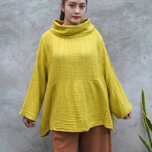 Double gauze cotton Top, Crinkle Cotton Blouse,Turtleneck pin tuck detail Long Sleeves Blouse,pre-washed Long Sleeve Blouse,Turtleneck Top