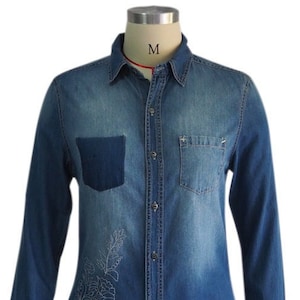 women denim shirt hand Embroidery, Button Down Denim Shirt, women&#39;s Top hand Embroidered long sleeve denim, Blue Jeans Blouse