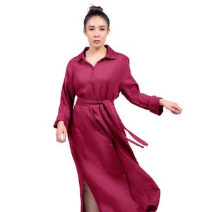 Double gauze cotton Dress, Crinkle Cotton Shirt Dress Long Sleeves with Coconut Shell Buttons, Cotton Dress, Shirt Dress