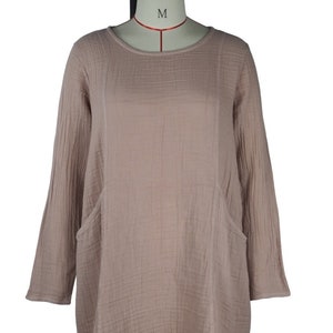 Double Crinkle 100% Baumwolle Tunika Shirt mit langen Ärmeln und seitlichen Taschen