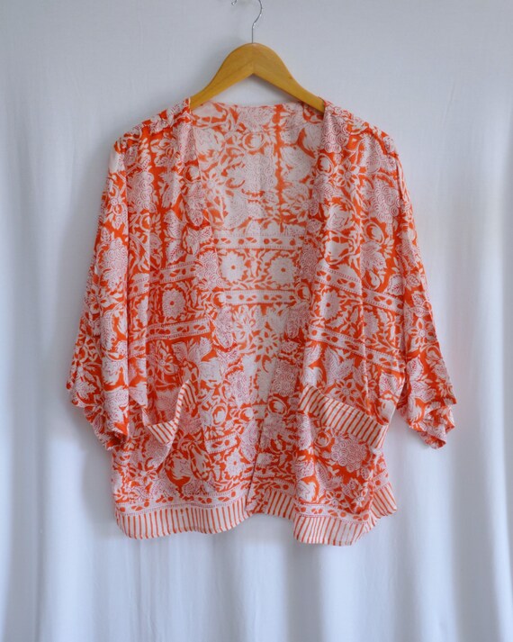 Kimono Cardigan Loose Cover Up, Hand Block Printed Cotton Cardigan