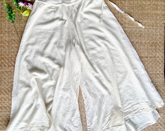 Loose Wide Leg Double Layer Lightweight Cotton Pants. Women Cotton A- Line Pants Rib Waist Relaxed Palazzo. Summer Lightweight bottom wears.