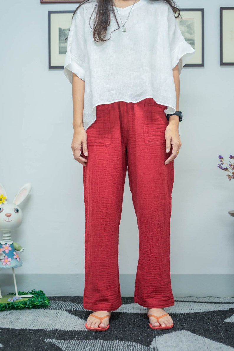 Double Gauze Ladies Pants Crinkle Cotton Trousers With Etsy