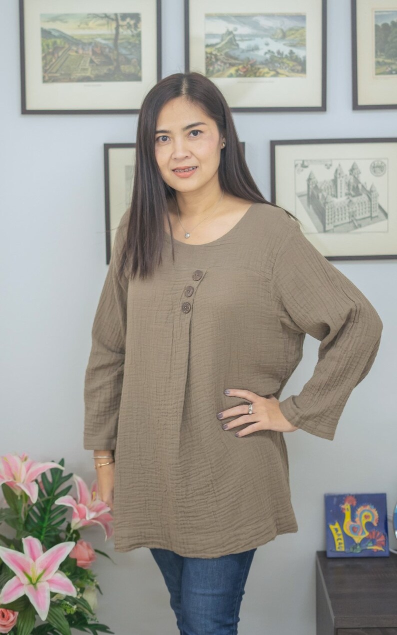 Double Gauze Cotton Top Crinkle Cotton Tunic Long Sleeves Etsy
