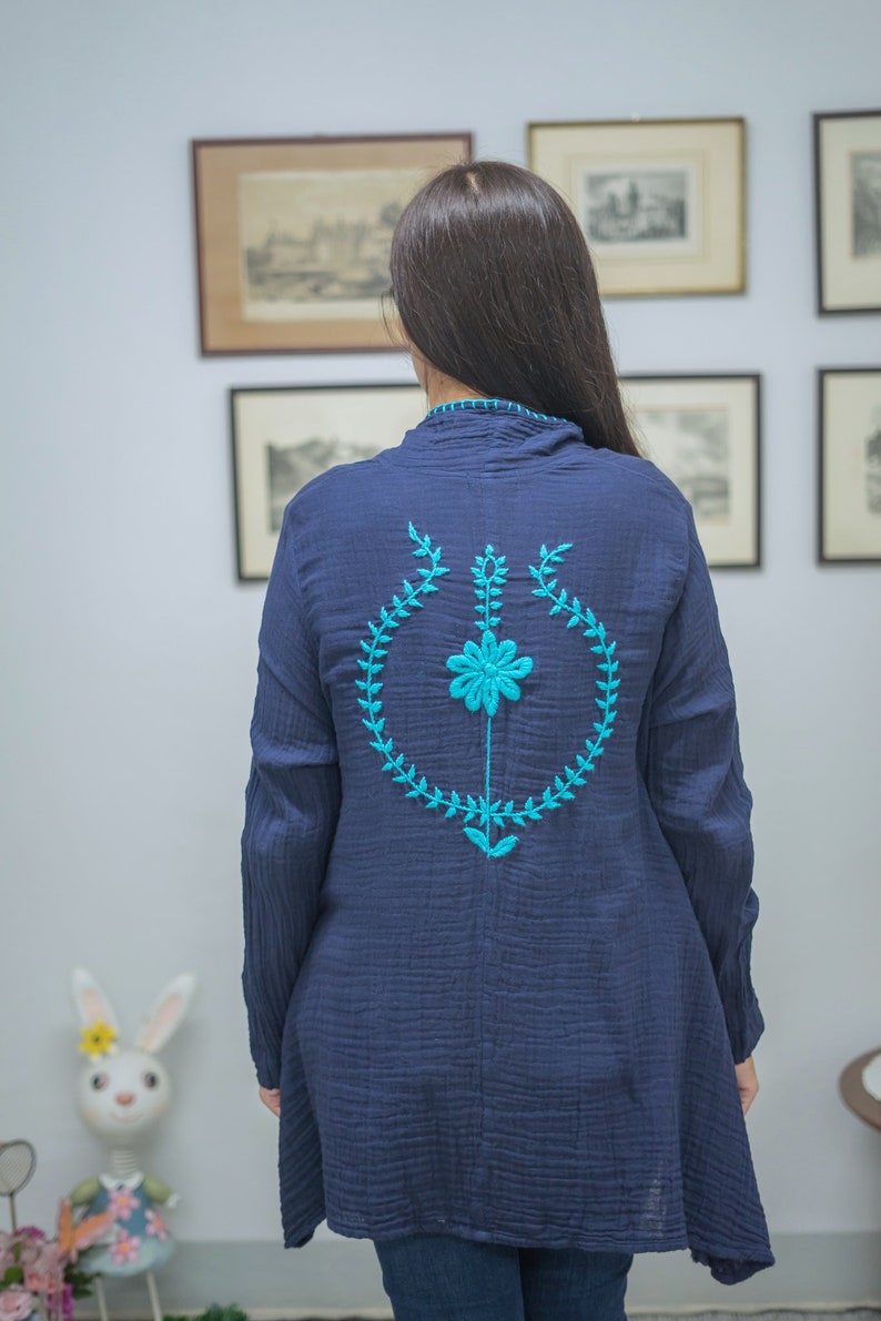 Double Gauze Cotton Cardigan Hand Embroidered Crinkle Cotton Etsy