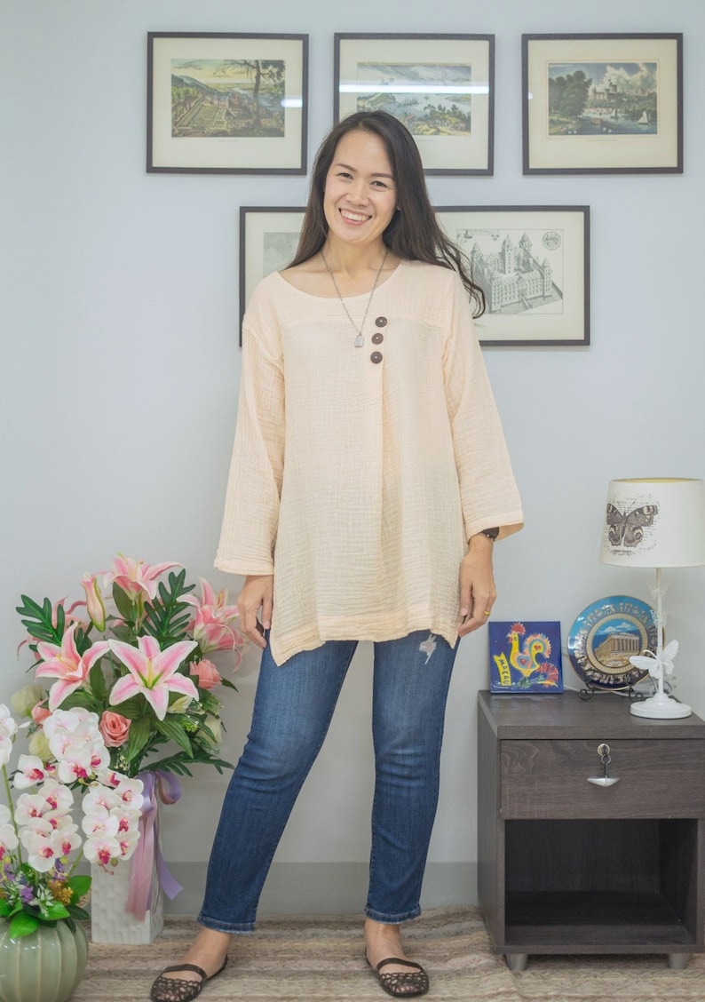 Double Gauze Cotton Top Crinkle Cotton Tunic Long Sleeves Etsy