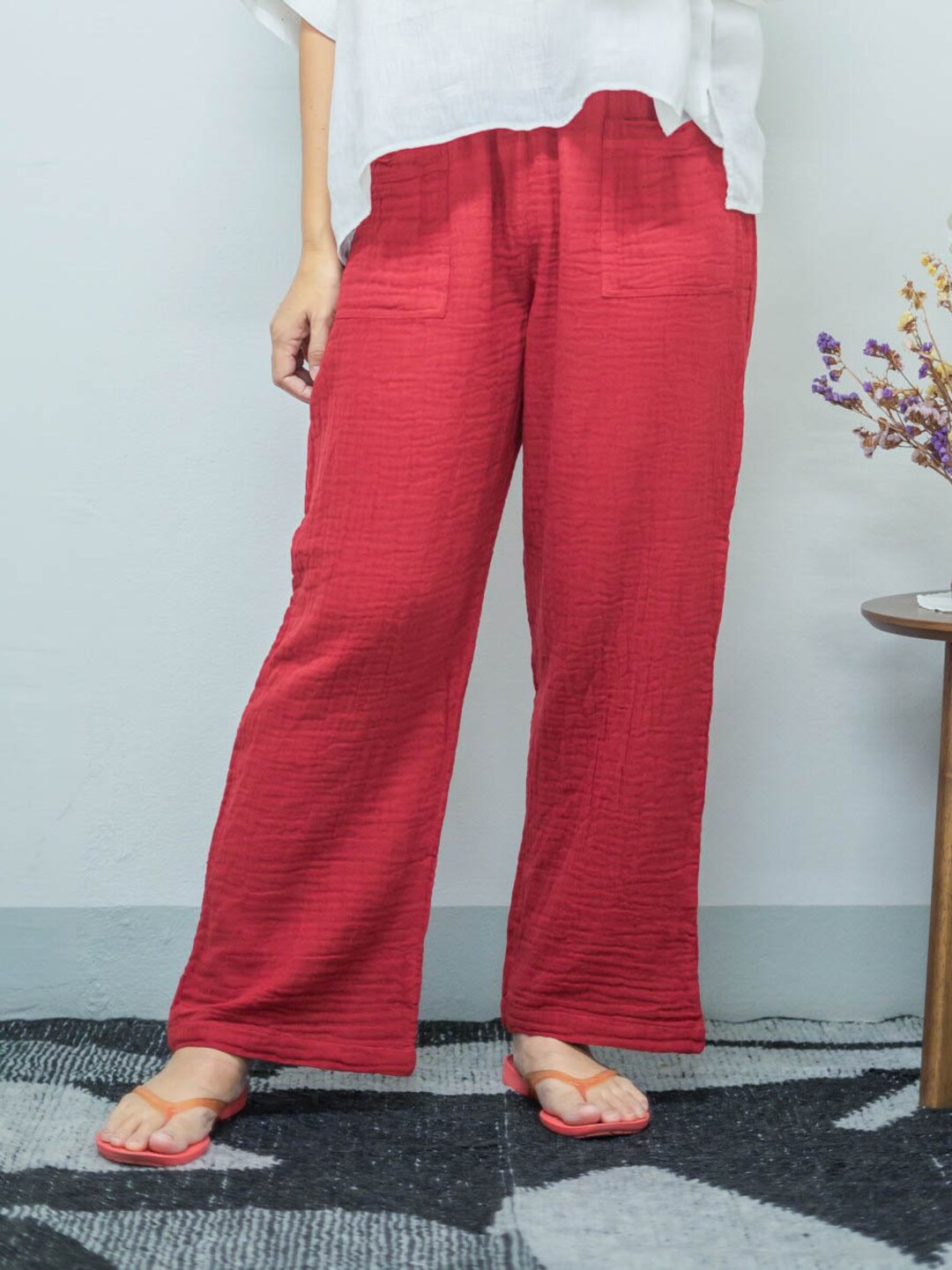 Double Gauze Ladies Pants, Crinkle Cotton Trousers With Pocket, Yoga ...