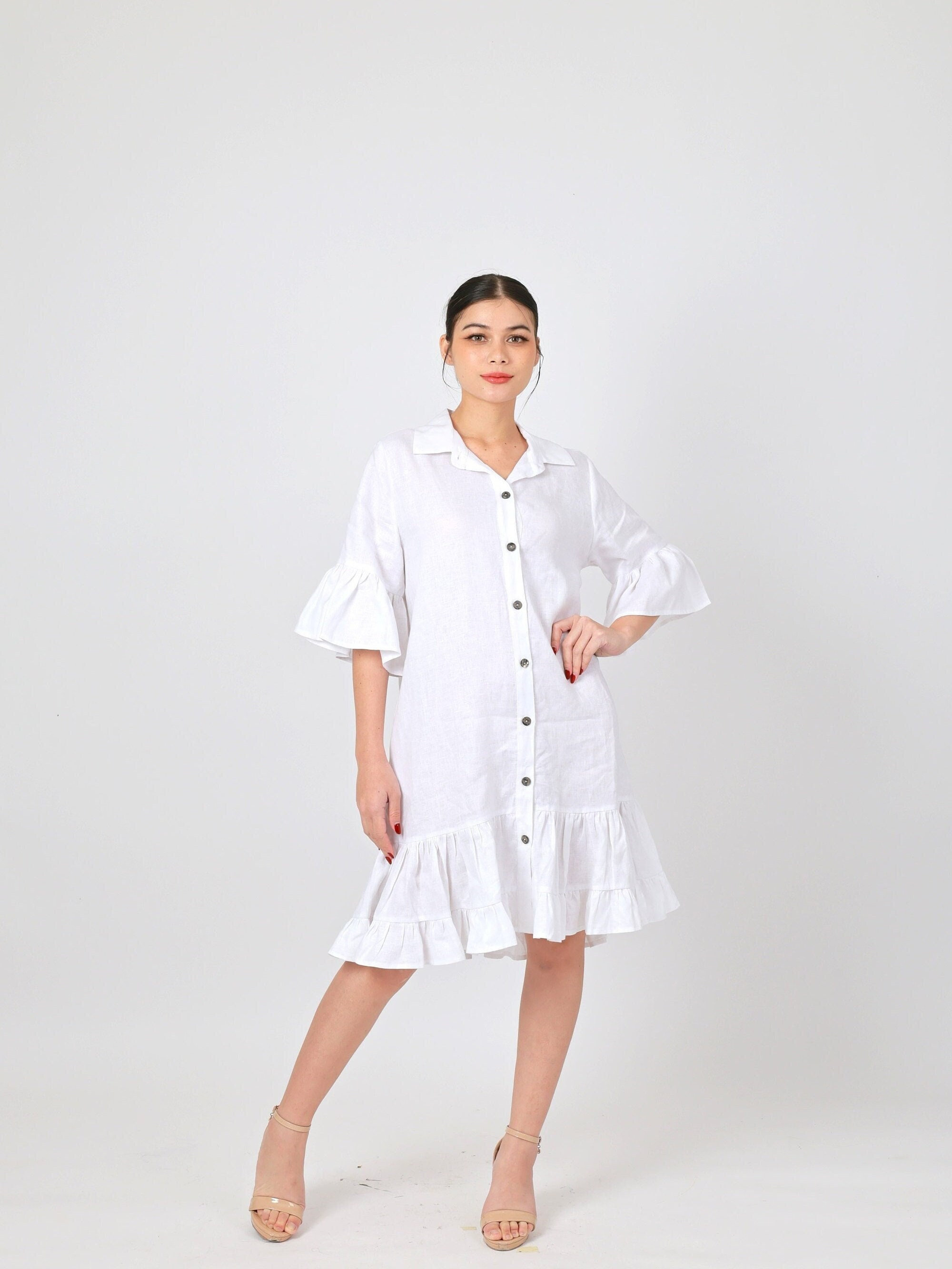 Linen  Collar Neck Ruffle Sleeve and Hem Shirt Dress