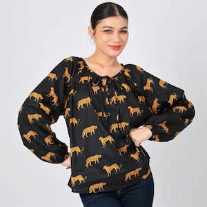 100% cotton Print Knot Front Lantern Sleeve Blouse