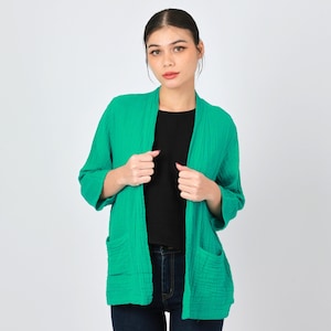 Double Gauze Cardigan Loose Cover Up, Crinkle cotton Long Sleeve with pocket cardigan, soft prewashed jacket Kimono cover up Muslin Cardigan