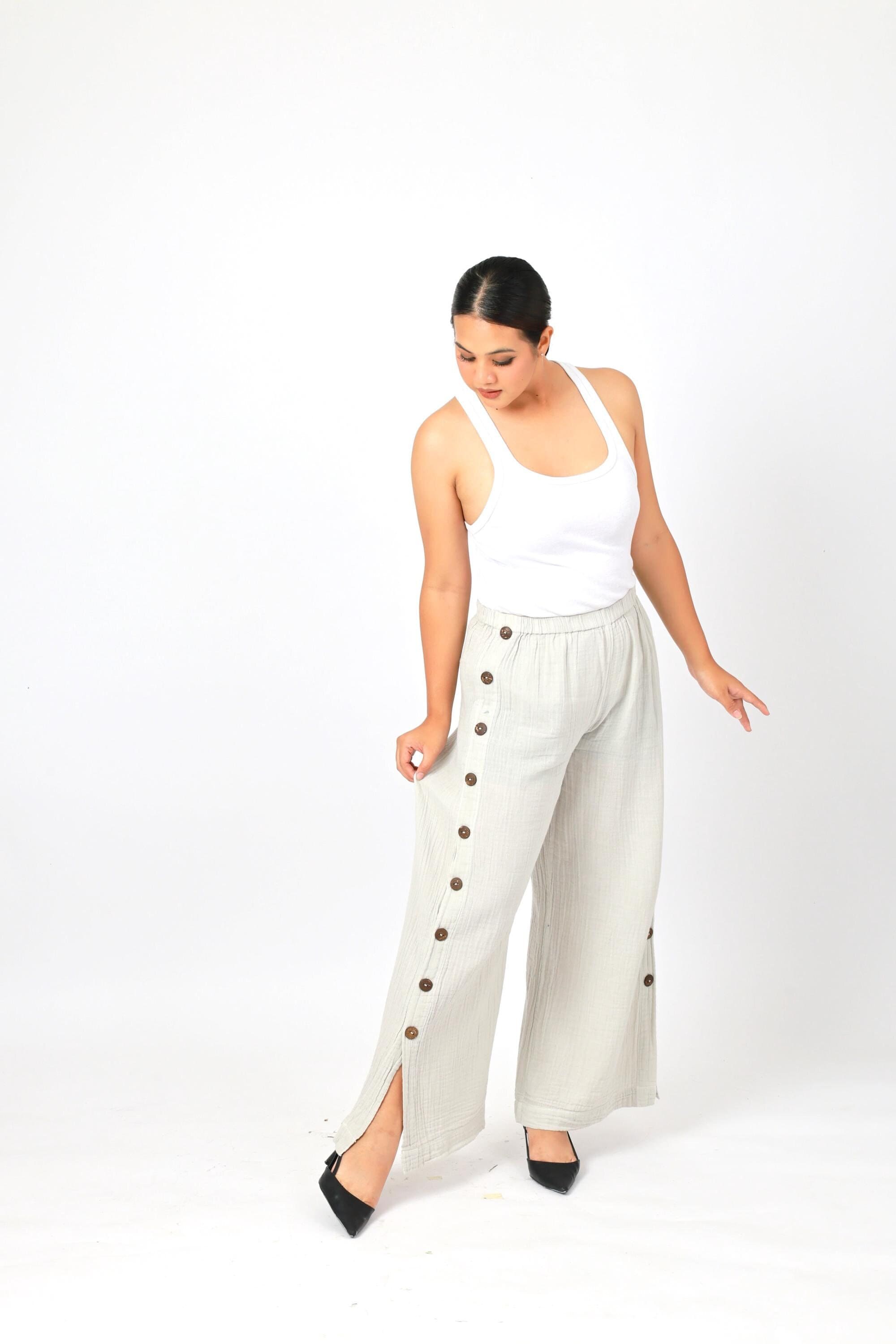 High Waisted Side Button Wide Leg Pants, Cotton Double Gauze