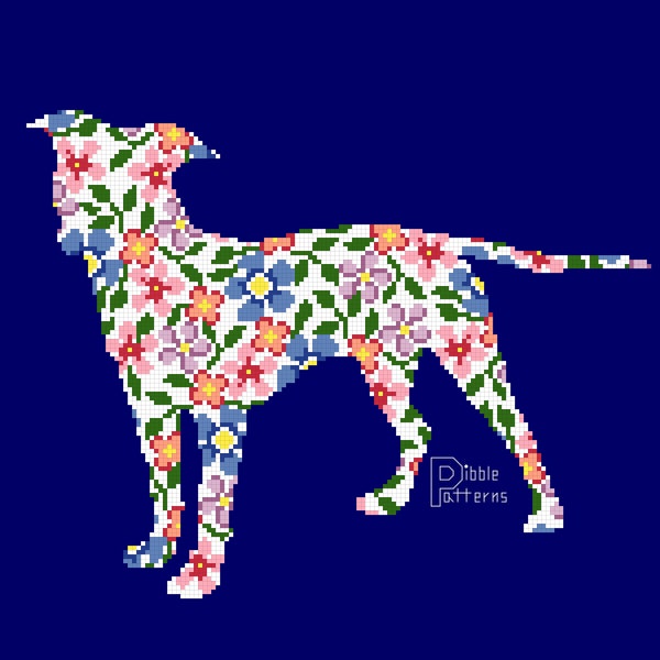 Floral Pitbull - Modern Cross Stitch Pattern PDF File - Instant Download