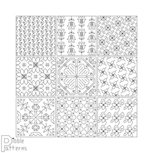 Könnte beinhalten: Neun geometrische Muster in Schwarzweiß, jedes in quadratischer Form. Die Muster bestehen aus Linien und Formen und sind alle unterschiedlich. Die Muster sind in einem Raster aus drei Reihen und drei Spalten angeordnet.