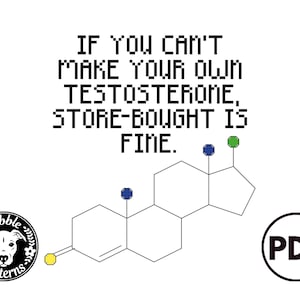 May include: A black and white illustration of a dog with the text "Pibe-Patterns" in a circle. The text "IF YOU CAN'T MAKE YOUR OWN TESTOSTERONE, STORE-BOUGHT IS FINE." is in black text. A chemical structure with blue and green circles is below the text. The text "PDF" is in a circle.