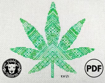 Blackwork Marijuana Leaf - Subversive Modern Cross Stitch Pattern PDF File - Instant Download - Pibble Patterns