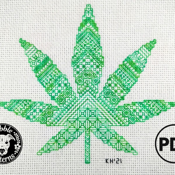 Blackwork Marijuana Leaf - Subversive Modern Cross Stitch Pattern PDF File - Instant Download - Pibble Patterns