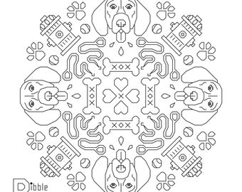 Coonhound Blackwork Mandala - Modern Cross Stitch Pattern PDF File - Instant Download