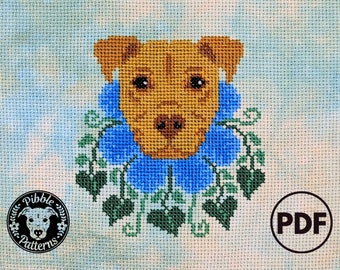 Natural Beauty Pitbull - Modern Cross Stitch Pattern PDF - Instant Download - Pibble Patterns - Spring Nature Natural Floral Earth Day Dog