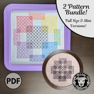 Puede incluir: Un paquete de patrones de punto de cruz con dos versiones, tamaño completo y mini. La pieza más grande está en una bandeja morada, con un diseño geométrico en colores del arcoíris. La pieza más pequeña está en un marco de madera redondo.