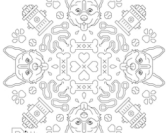 Corgi Blackwork Mandala - Modern Cross Stitch Pattern PDF File - Instant Download