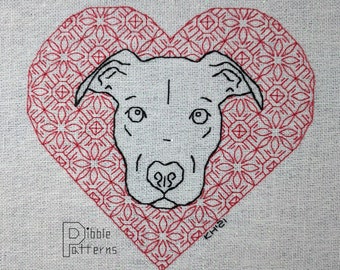 Puppy Dog Eyes - Pitbull Blackwork Valentine - Modern Cross Stitch Pattern PDF File - Instant Download
