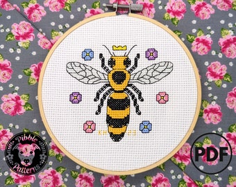 Queen Bee - Modern Cross Stitch Pattern PDF - Instant Download - Pibble Patterns - Spring Nature Natural Floral Bright Earth Hive Happy