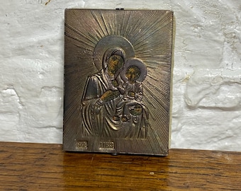 Russian Small Silver Icon, Silver 84 Orthodox Icon Mother of God sign Reproduction