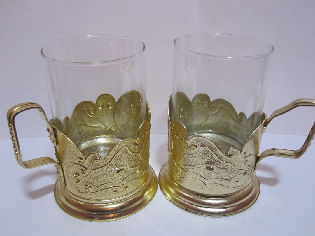 Vintage Soviet Glass Holder , USSR Tea Cup Holders, Set of 2 Aluminum