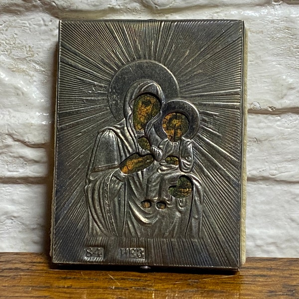 Russian Small Silver Icon, Silver 84 Orthodox Icon Mother of God sign Reproduction