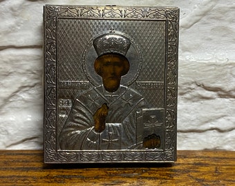 Russisch Klein Zilveren Icoon, Zilver 84 Orthodox Icoon Sint Nicolaas de Wonderdoener Reproductie