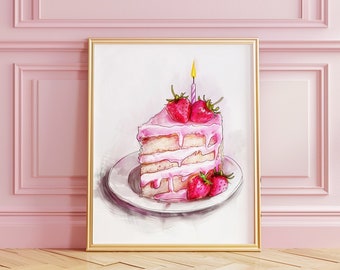 Cake Art Print | Pink Wall Art | Girly Trendy Wall Art | Food Art | Dorm Room | Digital Download | PRINTABLE
