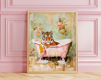 Tiger Wall Art | Bathroom | Pink Tiger Print | Girly Wall Art | Maximalist Wall Art | Oil Painting Print| College Dorm Room Decor| PRINTABLE
