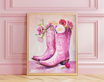 Pink & Preppy Cowgirl Boots Art Print | Girly Trendy Wall Art | Cowgirl Boots Flowers | Oil Painting Print | Dorm Room | Digital | PRINTABLE