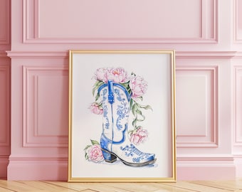 Cowgirl Boots Print | Coastal Cowgirl Art | Western Home Decor | Blue Chinoiserie Print | Pink Wall Art | Cowgirl Print | Digital PRINTABLE