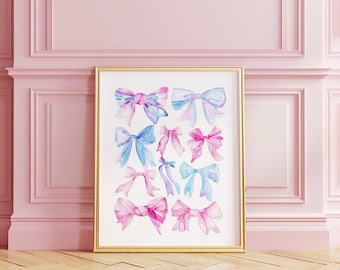 Trendy Watercolor Bows Wall Art | Pink Wall Art | Coquette | Baby | Grandmillennial | Preppy Wall Art | College Dorm Room| Digital PRINTABLE