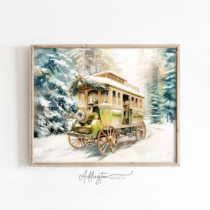 Victorian Christmas Trolley Art Print | Winter Art | Holiday Print | Snow, Snowflakes | Trees, Woods | Retro Christmas | Digital PRINTABLE